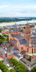 Mainz Cathedral aerial panoramic view, located at the market square of Mainz city in Germany