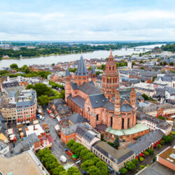 Mainz Cathedral aerial panoramic view, located at the market square of Mainz city in Germany