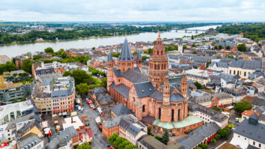 Mainz Cathedral aerial panoramic view, located at the market square of Mainz city in Germany