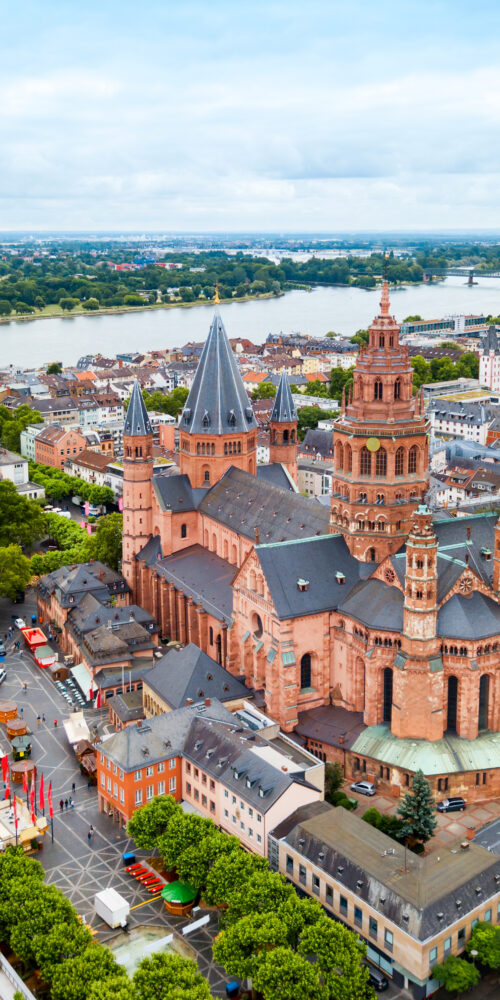 Mainz Cathedral aerial panoramic view, located at the market square of Mainz city in Germany