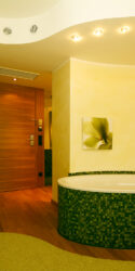Junior Suite 408 mit Blick und Fokus auf die freistehende Badewanne im Zimmer