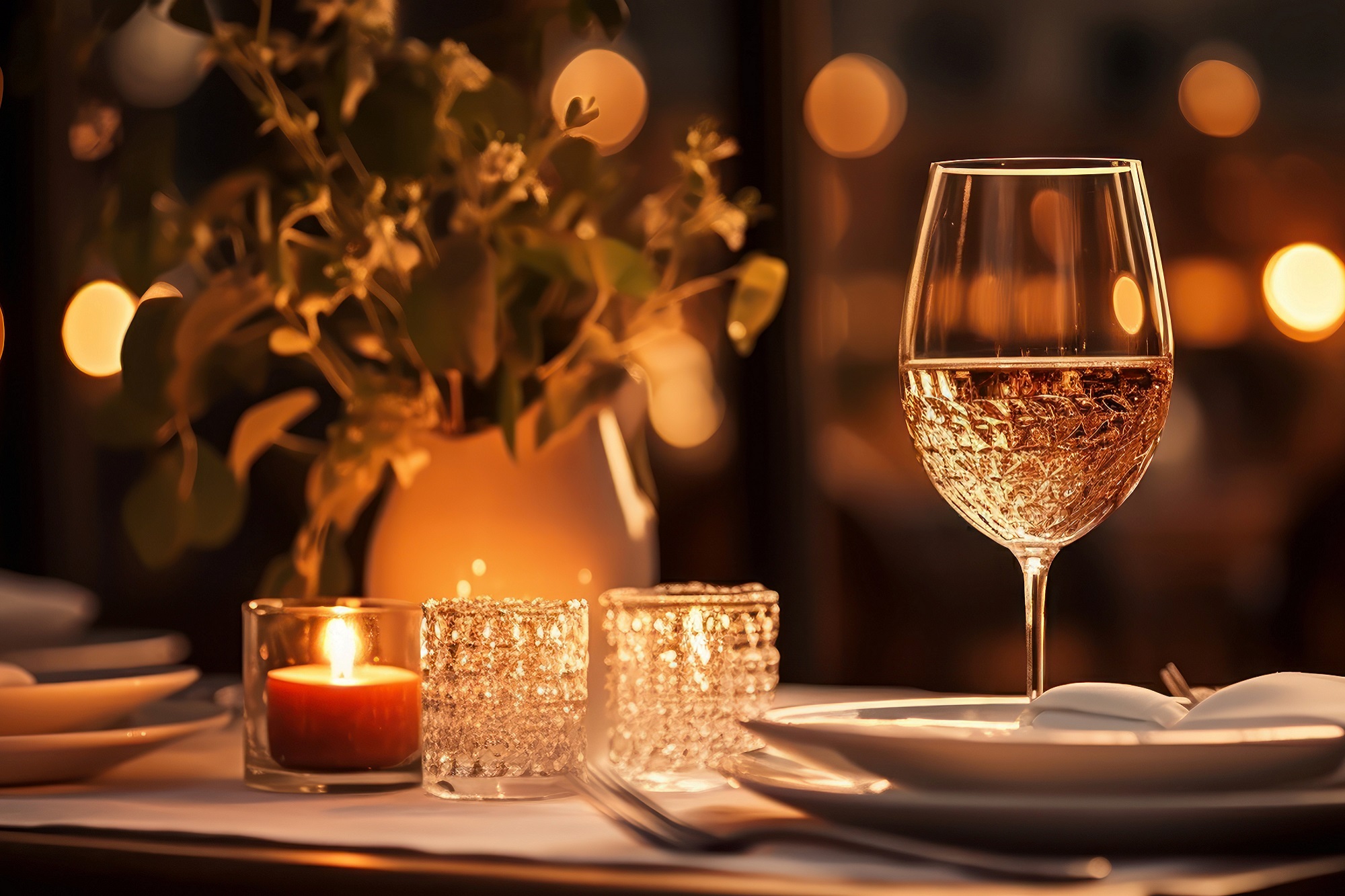 Detailaufnahme Tisch mit Weinglas, Deko und Kerzenschein