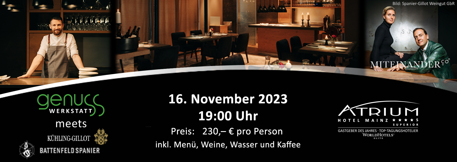 Banner Event GenussWerkstatt im November mit Kühling-Gillot und Battenfeld-Spanier